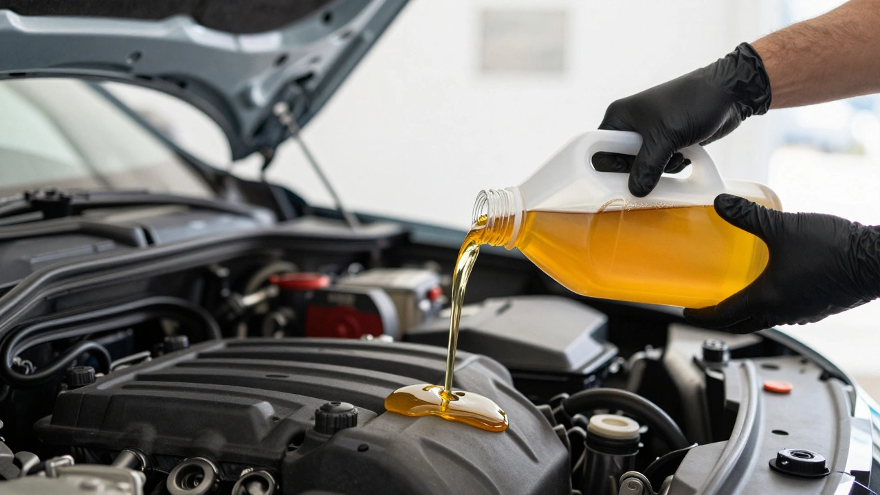 Процесс залива свежего моторного масла в двигатель автомобиля