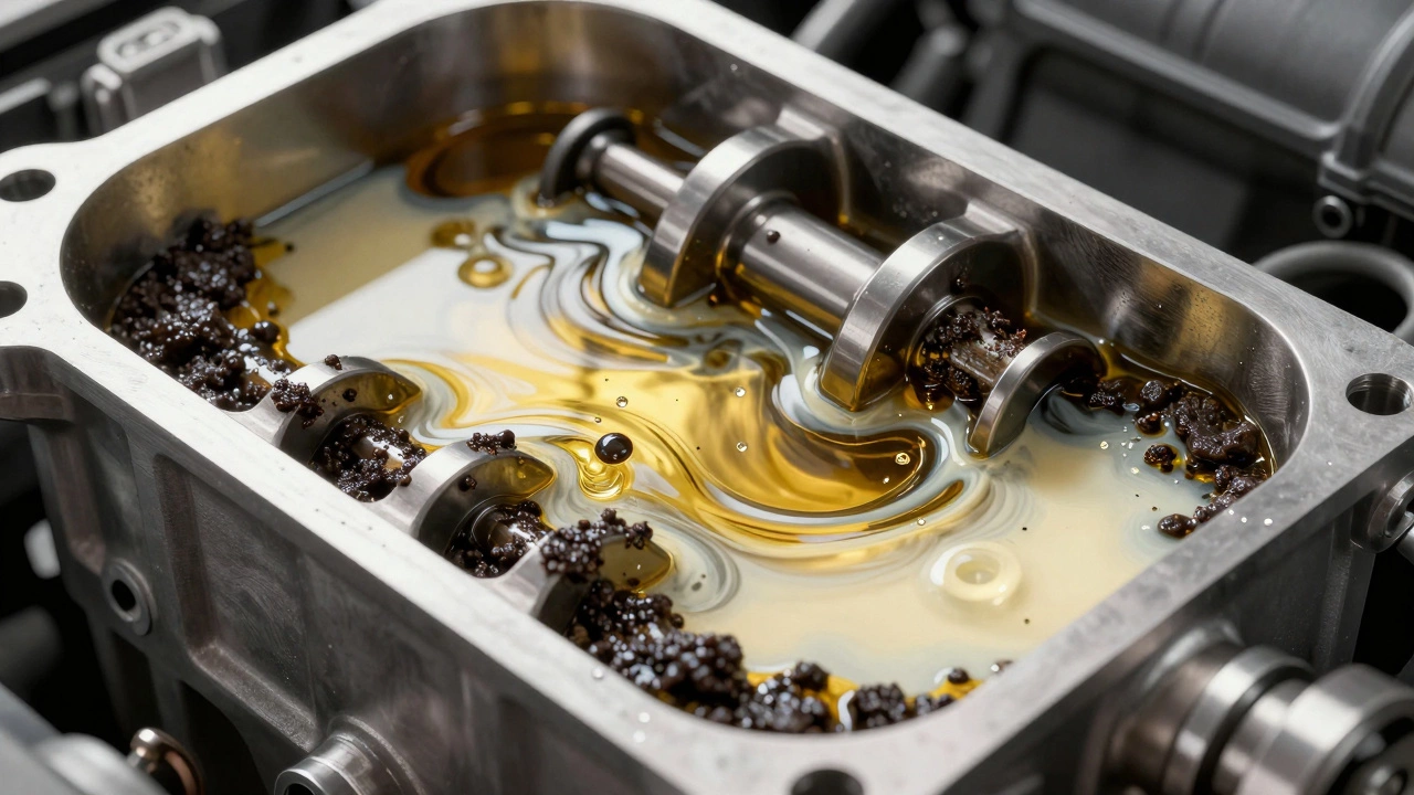 Схематичное изображение окисленного масла и эмульсии внутри двигателя