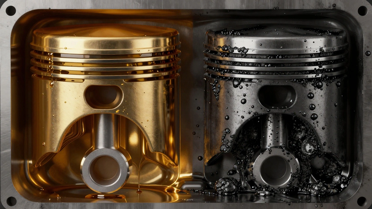 Сравнение чистого двигателя и поршней с нагаром и шламом