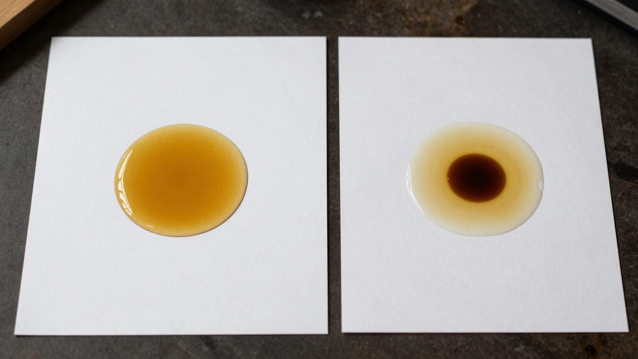 Сравнение капель качественного однородного масла и плохого масла с разделением на кольца на белой бумаге