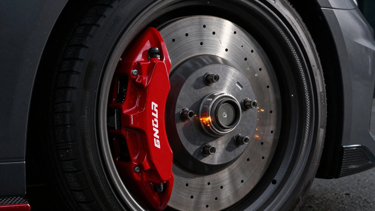 Тормозной диск и красный суппорт высокопроизводительного автомобиля
