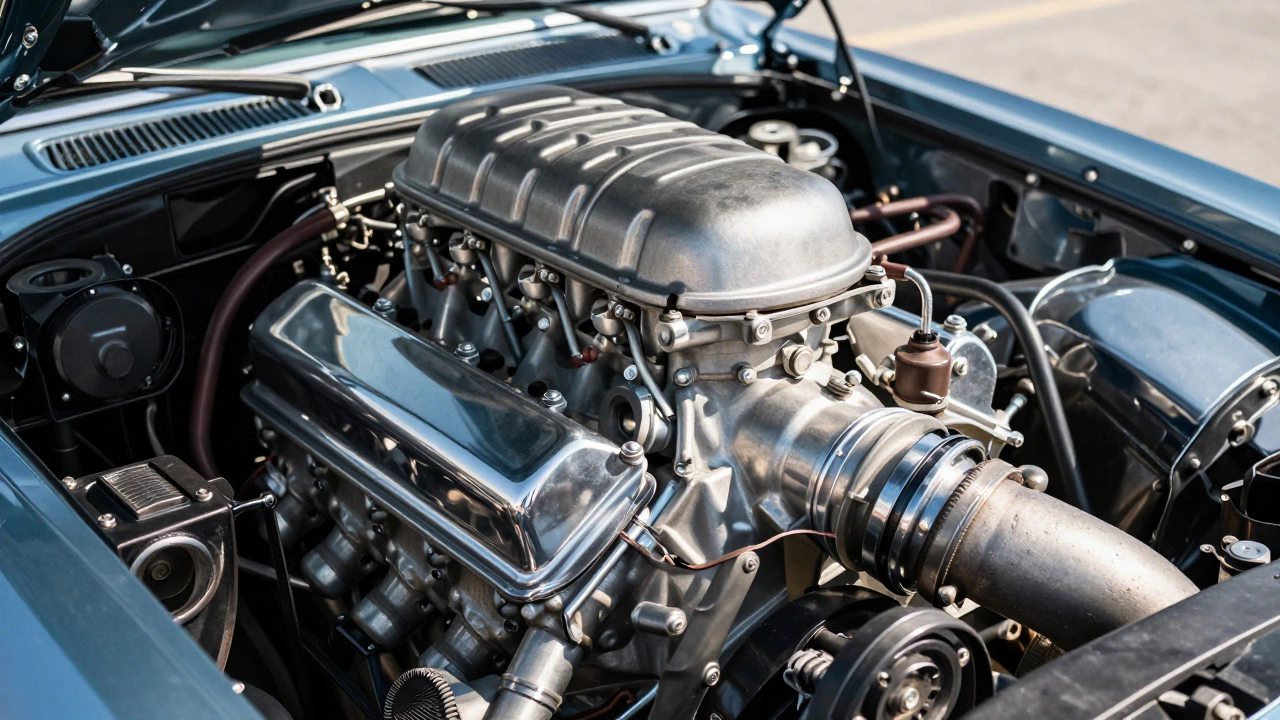 Крупный план суперчарджера на двигателе Ford Mustang