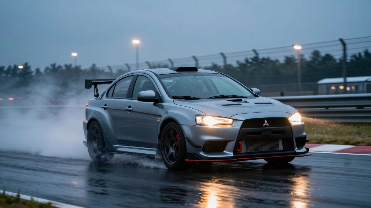 Mitsubishi Lancer Evolution заносит на мокрой трассе