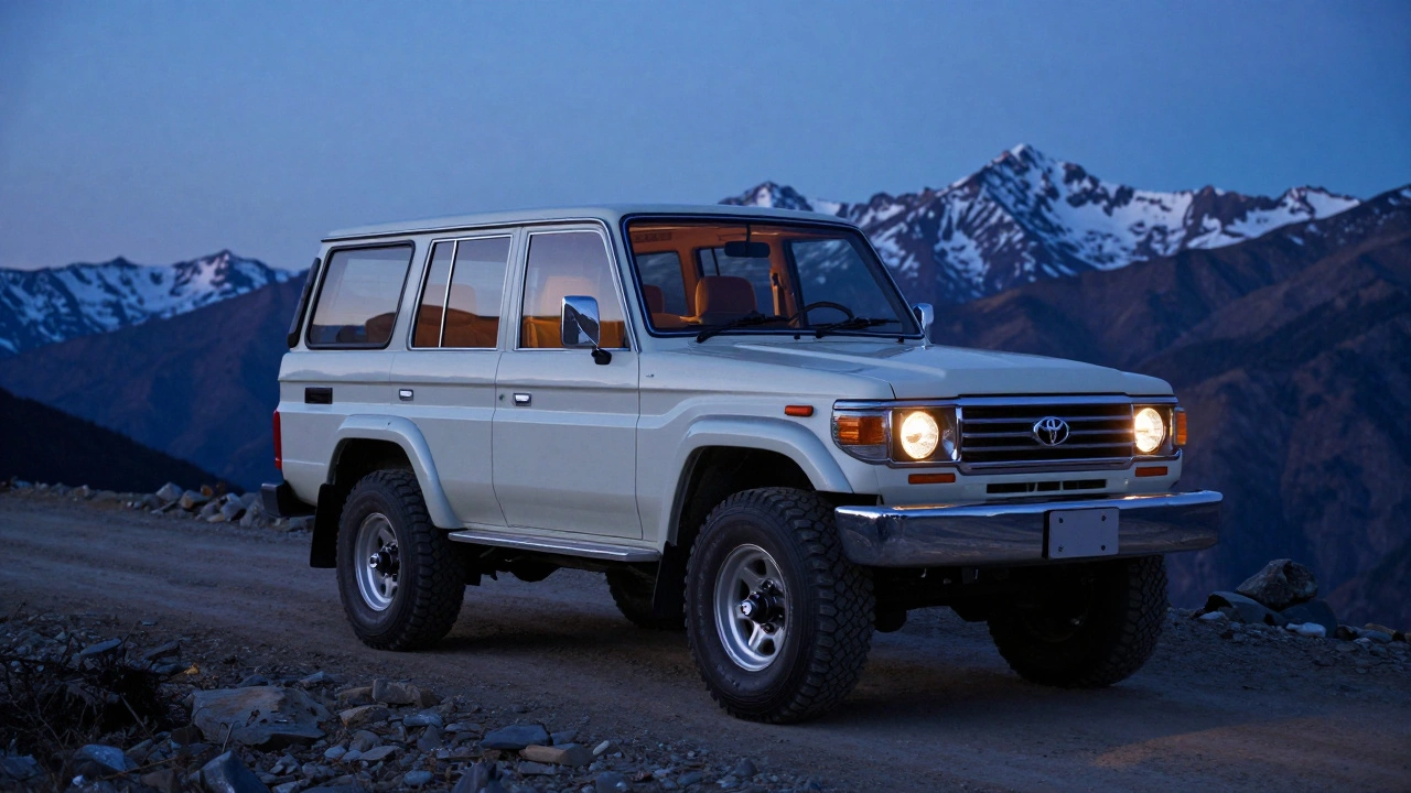 Toyota Land Cruiser 80 преодолевает горный перевал в сумерках