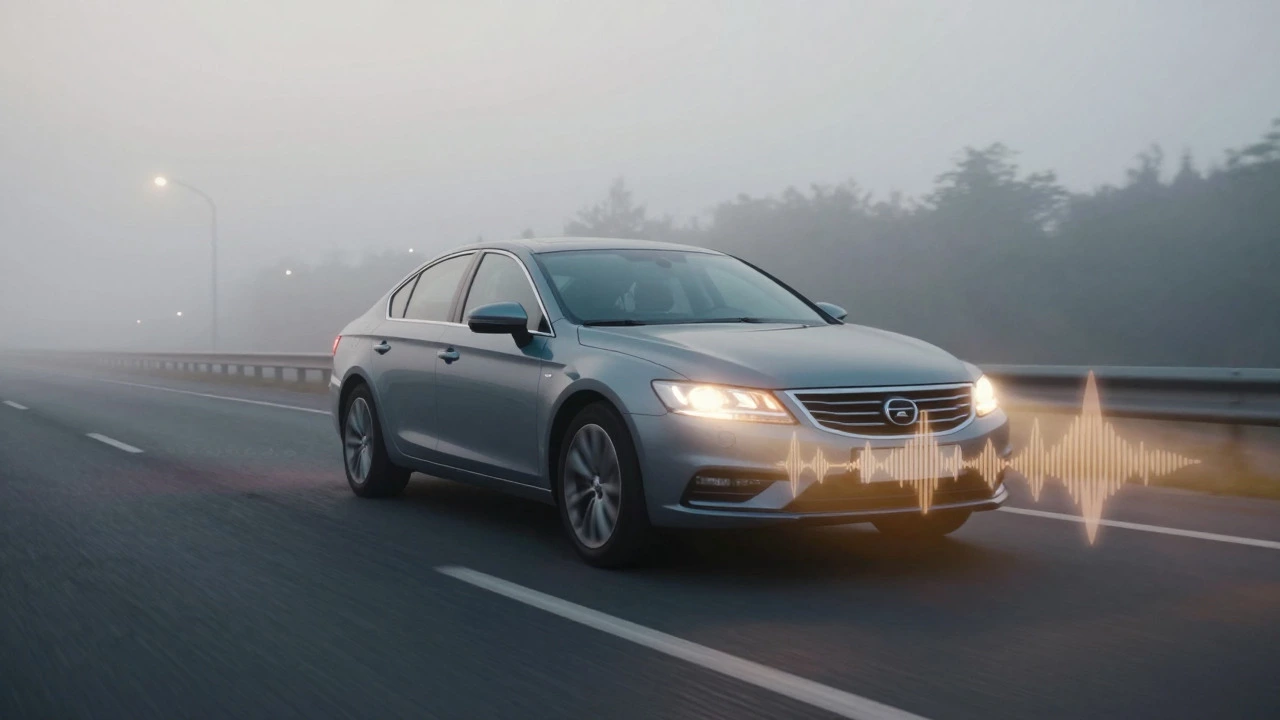 Car driving on a foggy highway with subtle sound wave effects from the engine