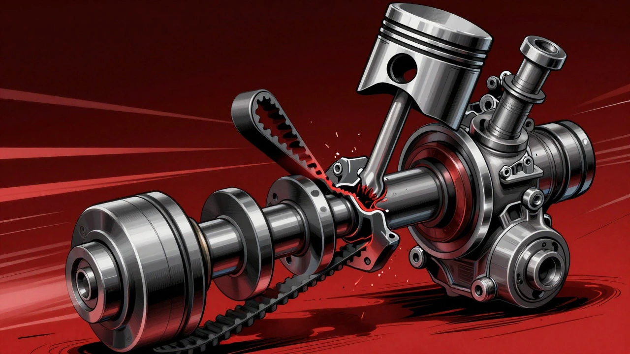 Cross-section illustration showing a bent valve due to timing belt failure