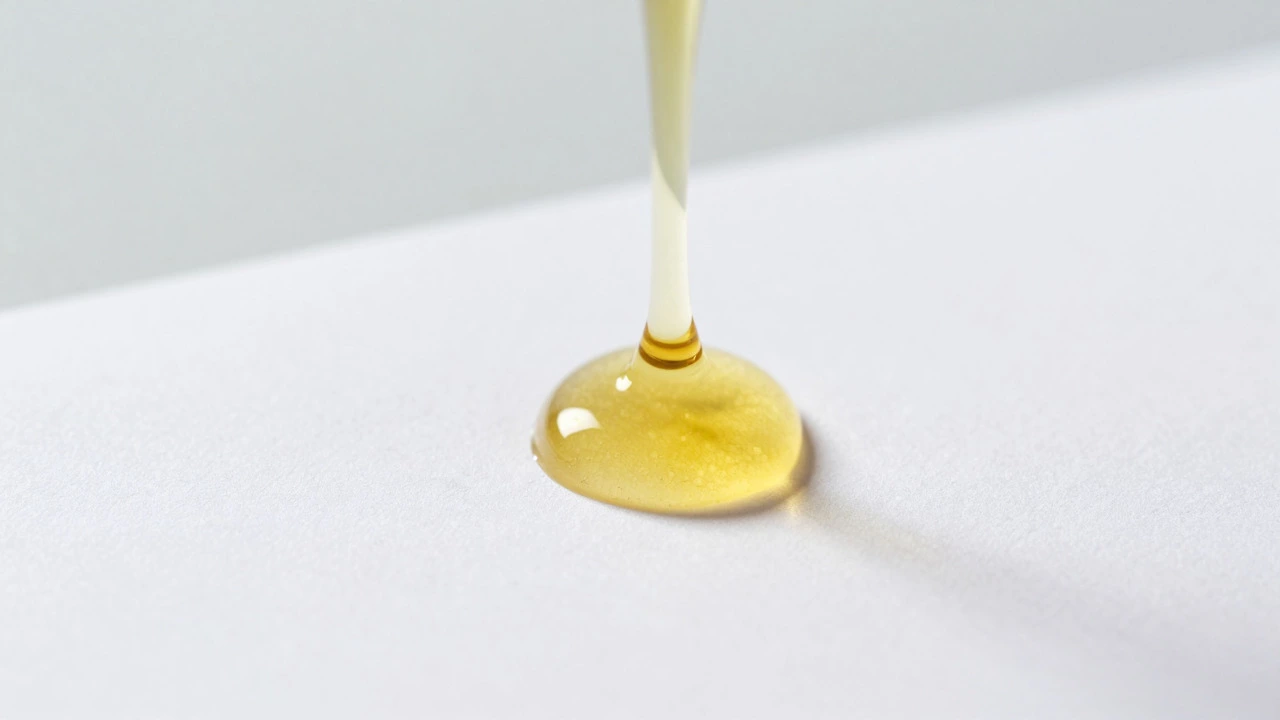 Macro shot of a clear drop of yellow motor oil falling onto white paper