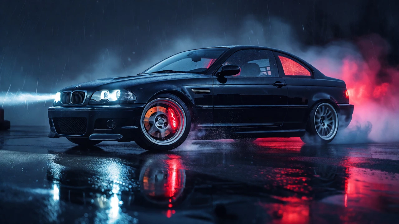 Дрейфующий BMW E46 на мокрой трассе ночью с дымом из-под колес