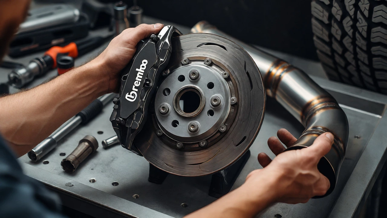 Механик устанавливает тормозные суппорты Brembo на автомобиль